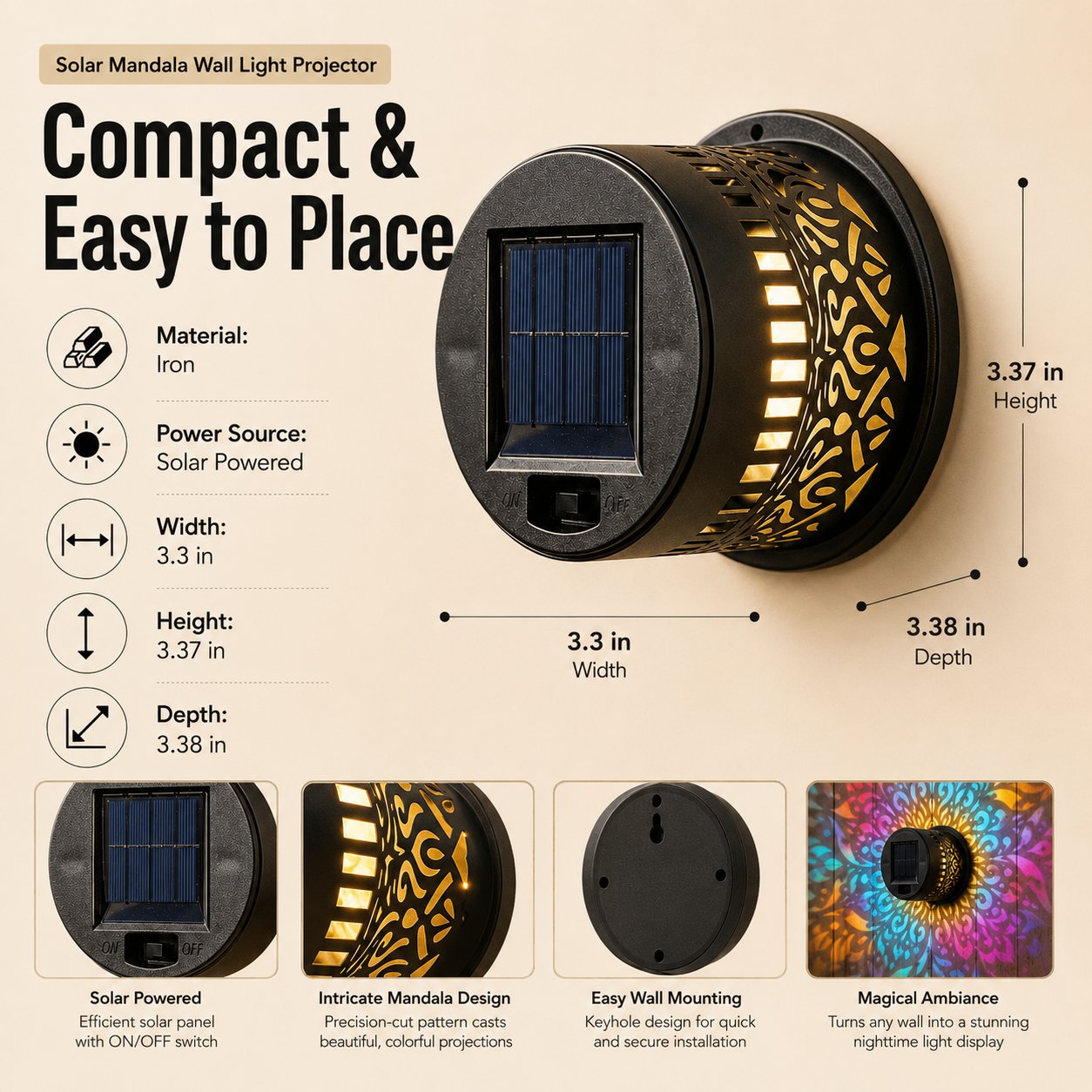 Solar Mandala Wall Light Projector, 16 Color Changing Outdoor Solar Light, Waterproof LED Decorative Light for Patio, Fence, Garden Yard