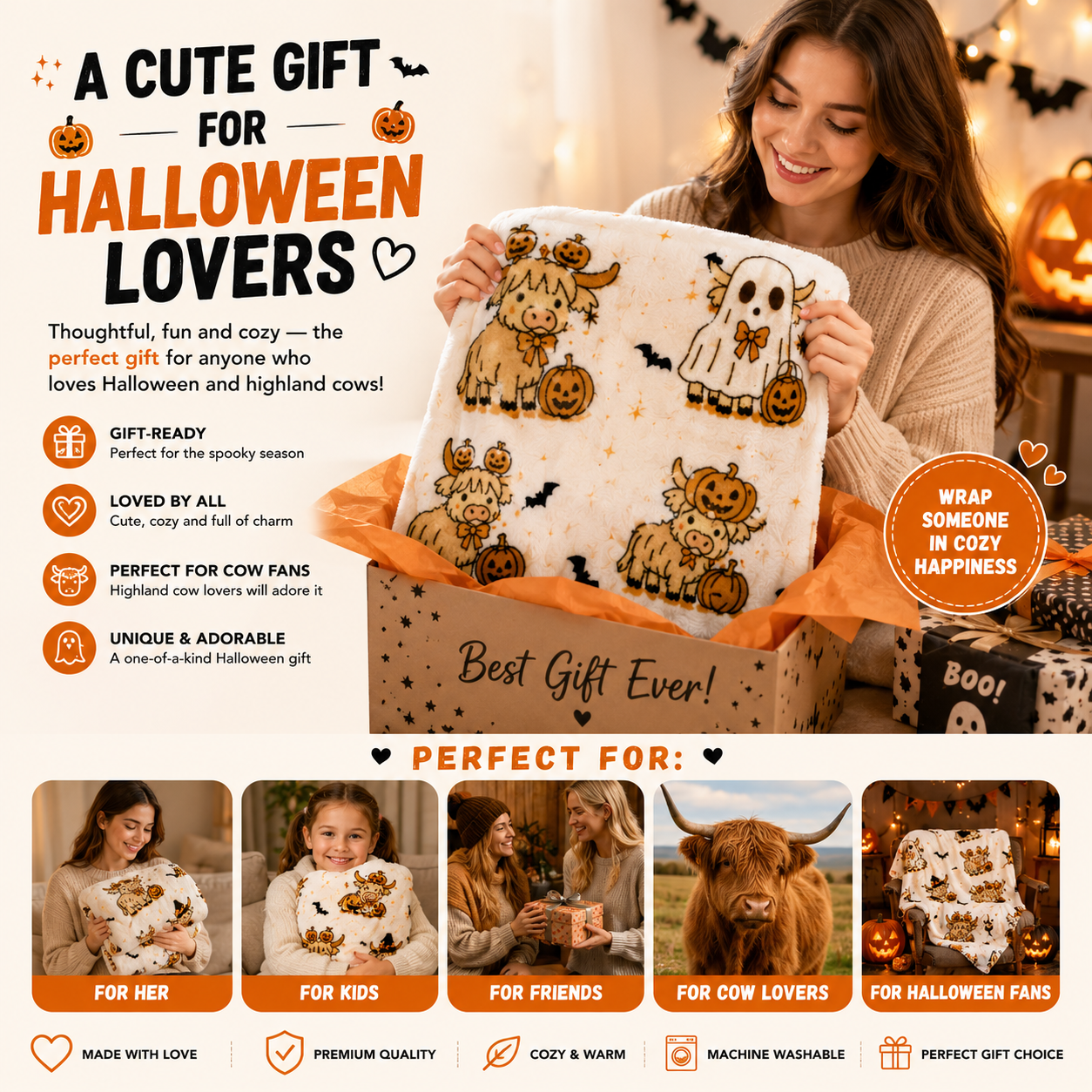 ๐ฅ 55% OFF TODAY ๐ Cute Halloween Highland Cow Ghost Plush Throw Blanket