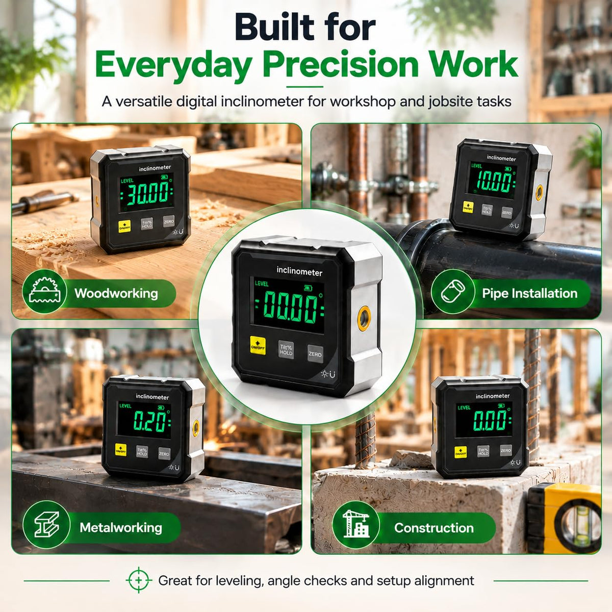 📐 Digital Angle Finder with Laser – 4-Side Magnetic Base, 4×90° Measurement & Large LED Display