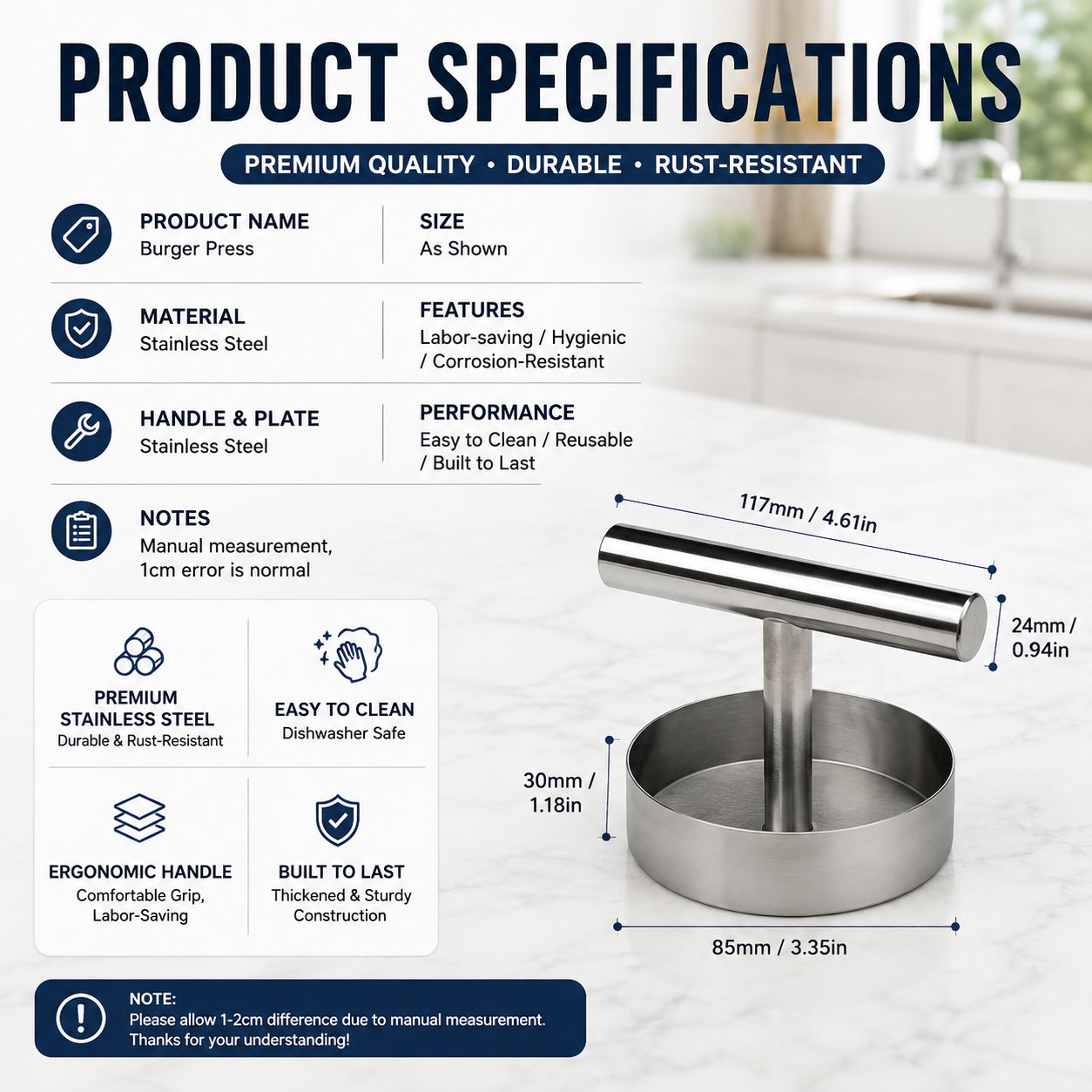 ๐ BBQ FAVORITE | Manual Burger Patty Press โ Uniform Round Patties for Grilling, Meal Prep & Home Cooking