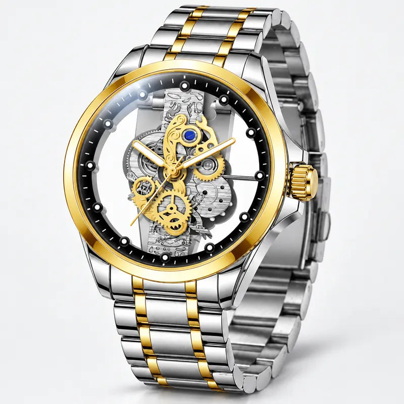 Men's Luxury Skeleton Dial Watch – Stainless Steel Bracelet, Elegant Gold Gear Design & 30M Water Resistant