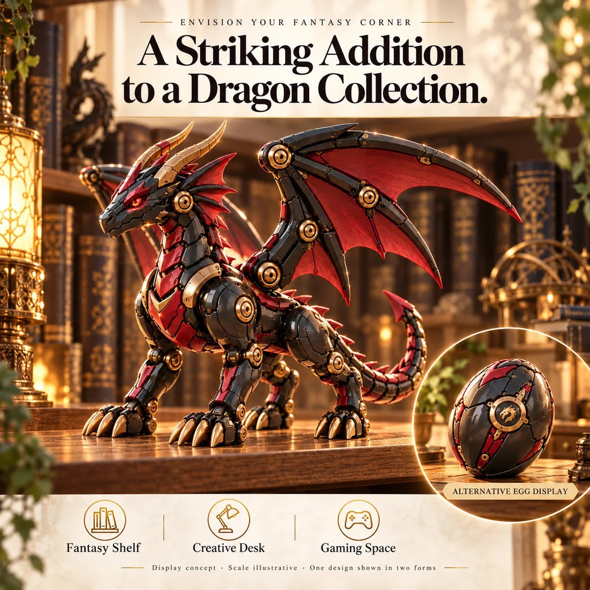 🔥 49% OFF -🐉 Mechanical Dragon Egg – Black & Crimson Dragon with Folding Wings & Armored Details