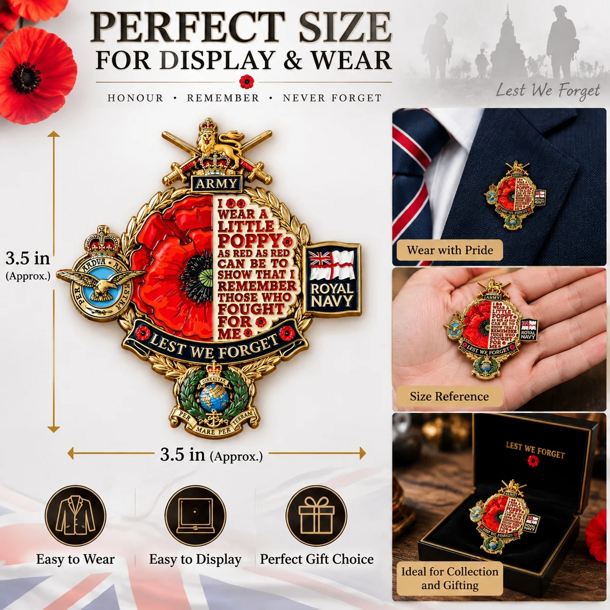 👑🌺British Armed Forces “Lest We Forget” Tribute Metal Badge