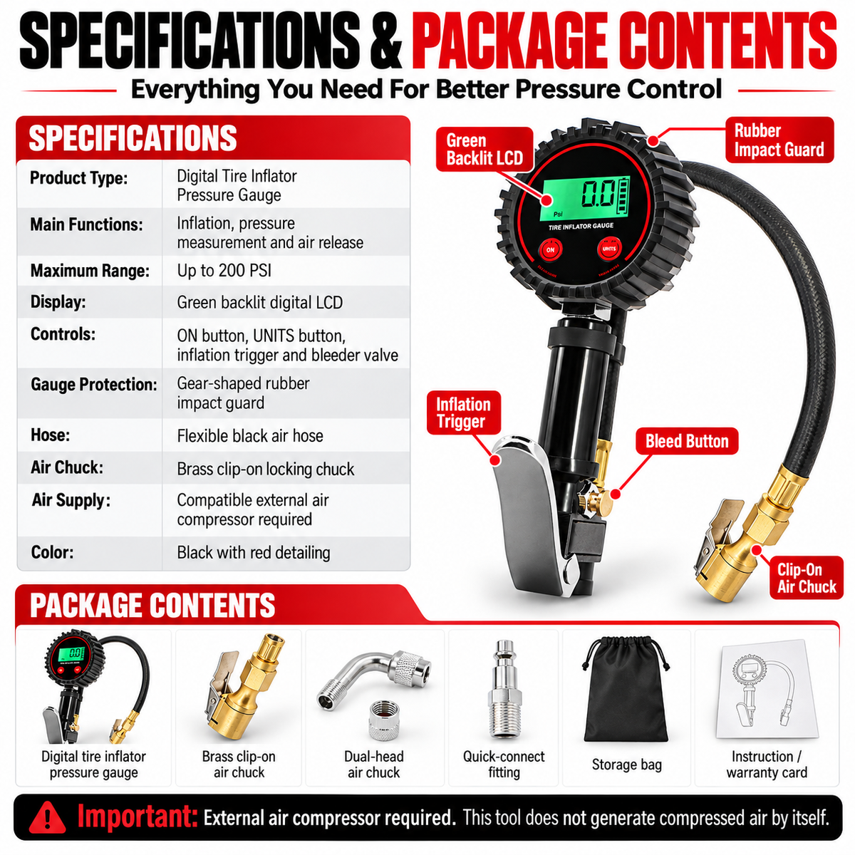 ๐ 200 PSI Digital Tire Inflator Gauge โ 3-in-1 Air Chuck, Pressure Gauge & Bleeder