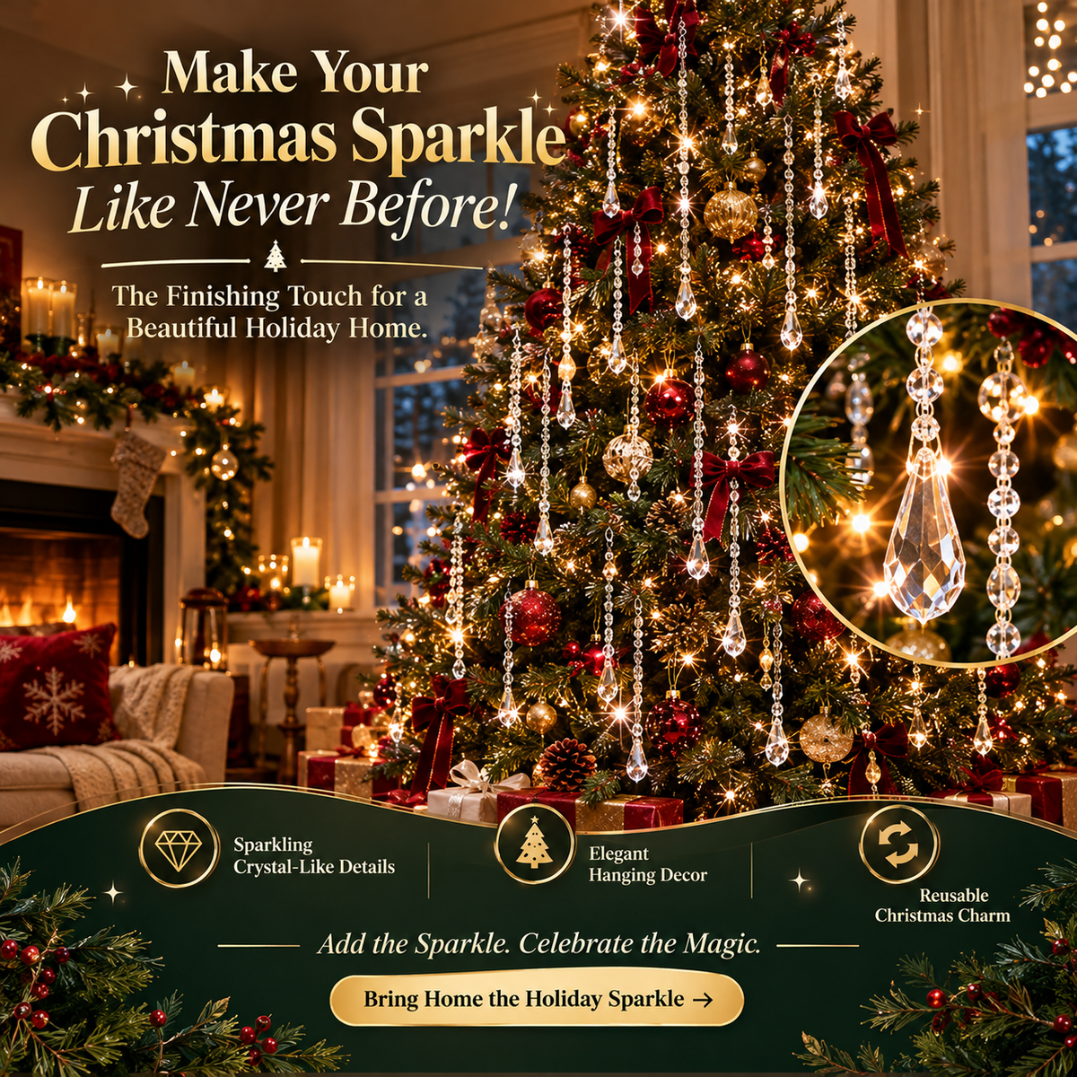 ✨ Sparkling Crystal-Like Christmas Garland – Hanging Teardrop Bead Strands for Elegant Holiday Tree Decor 🎄