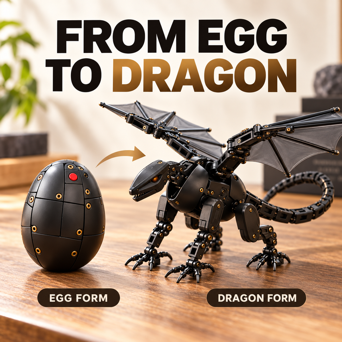 Egg-to-Dragon Transforming Toy โ Black & Gold Mechanical Dragon for Play & Display