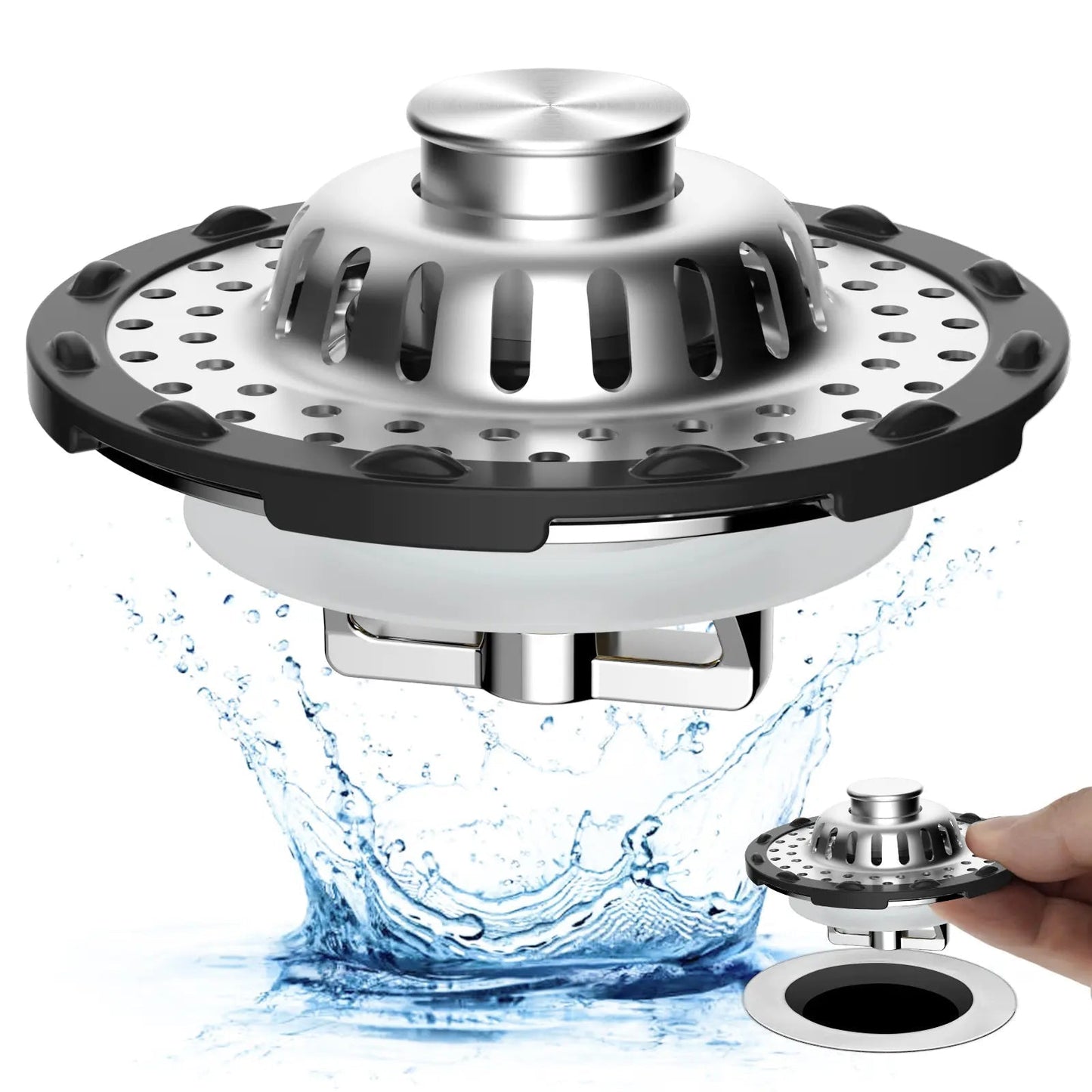 ๐๐3-in-1 Pop-Up Sink Stopper โ Hair Catcher, Drain Protector & Water Stopper | Universal Chrome Fit