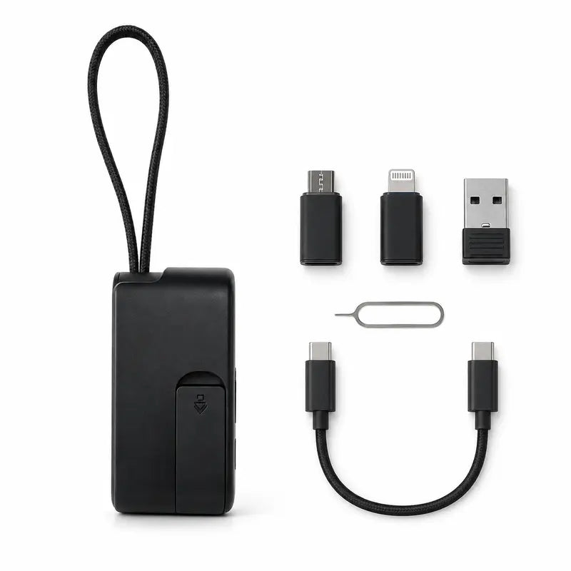 ๐ Pocket Travel Cable Kit โ USB-C Cable, 3 Adapters, SIM/TF Storage & Phone Stand