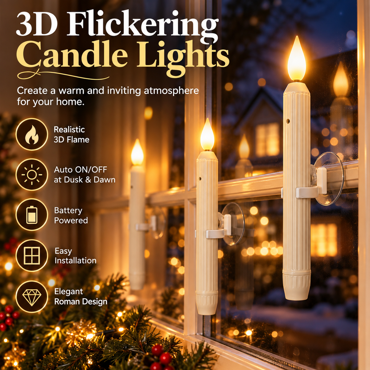 🕯️ 50% OFF Today! 3D Flickering Flameless Window Candle Lights for Cozy Holiday Decor