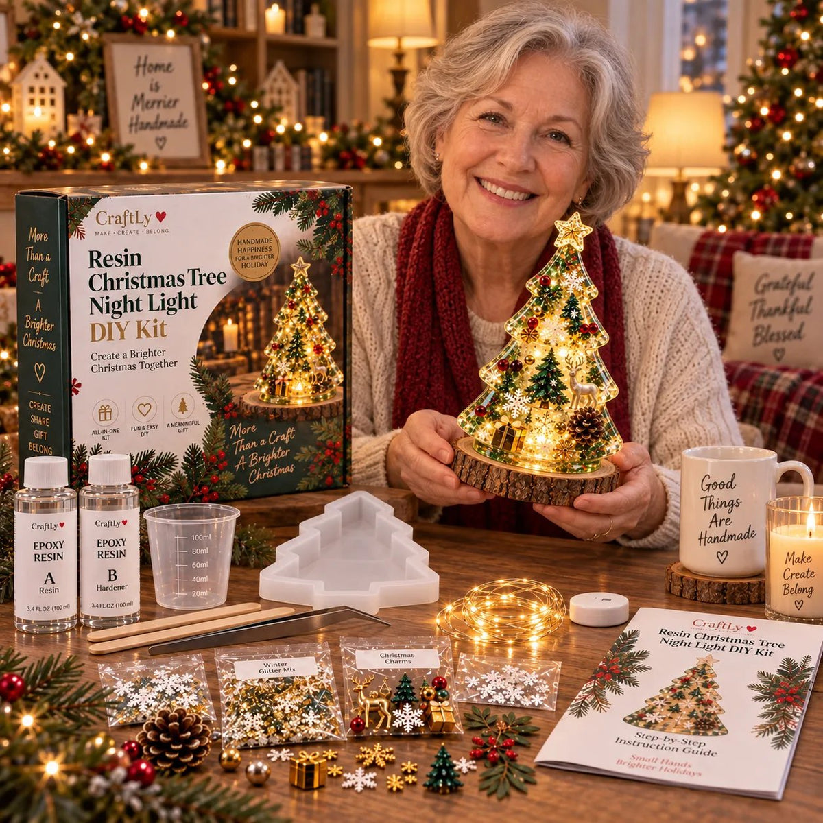 🔥HOT SALE🔥🎄Beginner-Friendly Resin Christmas Tree Night Light DIY Kit | Complete Kit with Mold, Resin, Fairy Lights & Festive Decorations ✨