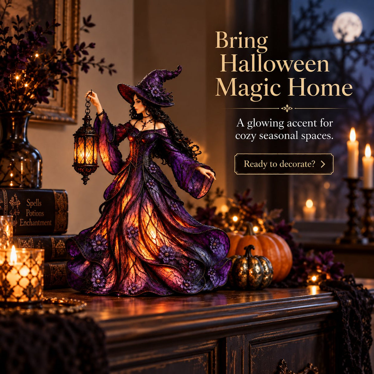 🧙♀️ Gotische Halloween-Hexenfigur mit LED-Laterne