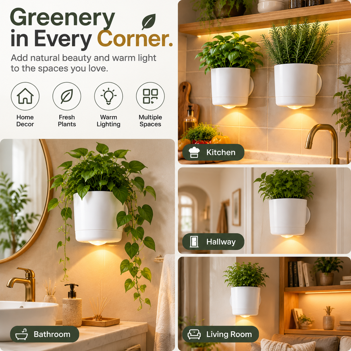 🌿 Wall-Mounted Magnetic Planter with Warm LED Light – Space-Saving Indoor Herb Pot & Modern Home Decor