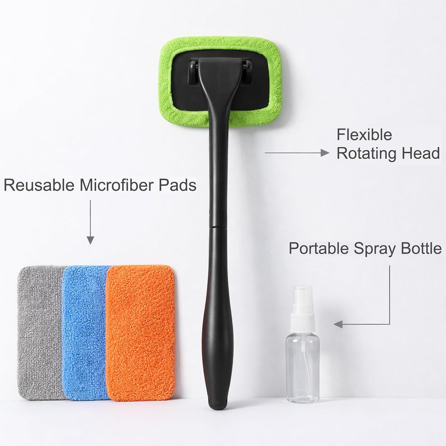 Car Inside Windshield Cleaning Tool with 4 Washable and Reusable Microfiber Pads