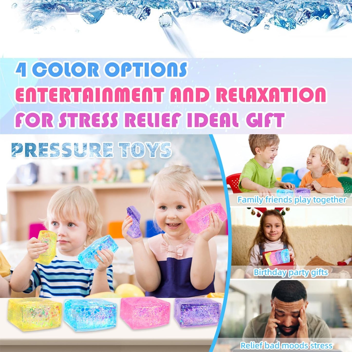 4pcs Glitter Ice Cube Stress Balls, ColorfulIce Cube Fidget Toy, Sensory Squishy Fidget Toys, Cube Anxiety Stress Relief Fidget Toy, Stress Balls for Kids and Adults