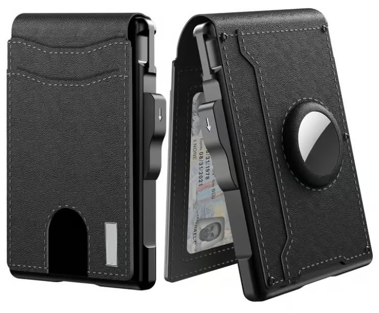 ✨男士钱包 - 带弹出式铝制外壳、钞票夹、超薄皮革卡槽、信用卡夹、RFID 防盗刷双折极简钱包