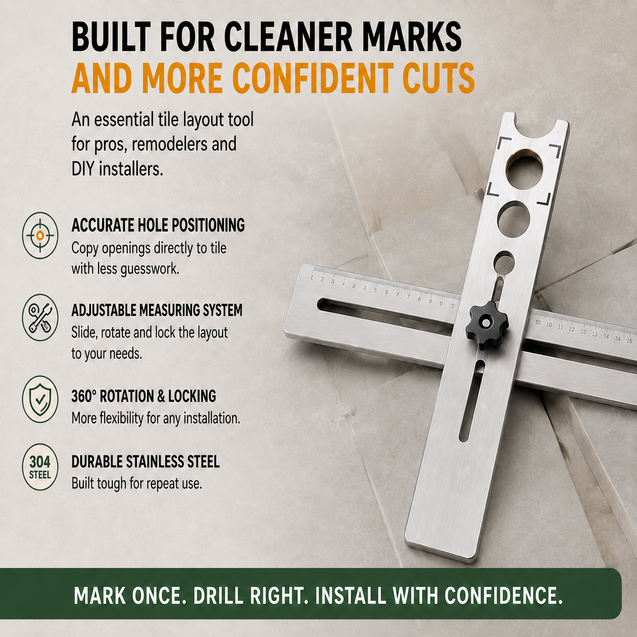 Stainless Steel Tile Positioning Ruler โ Adjustable Drill Guide & Measuring Tool for Ceramic, Marble & Wall Tile