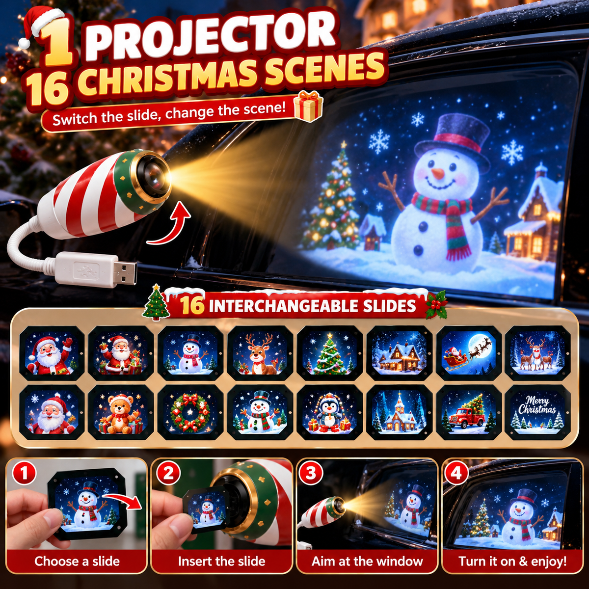 ๐ 16-Scene Christmas Car Window Projector โ 1 Projector + 16 Interchangeable Slides