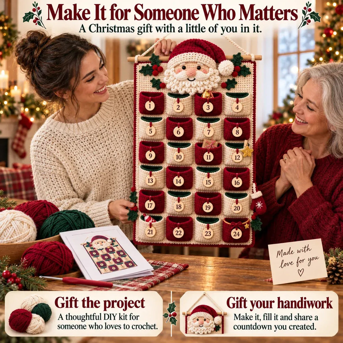 🧶 DIY Crochet Advent Calendar Kit | 24 Refillable Pockets, 4 Christmas Characters & Complete Crochet Materials 🎄