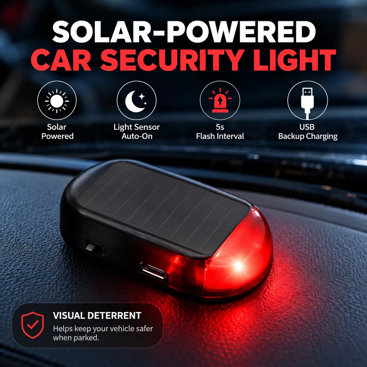 🚗 Solar Car Security Warning Light – Auto-Sensing 5-Second Flash LED with USB Backup Charging