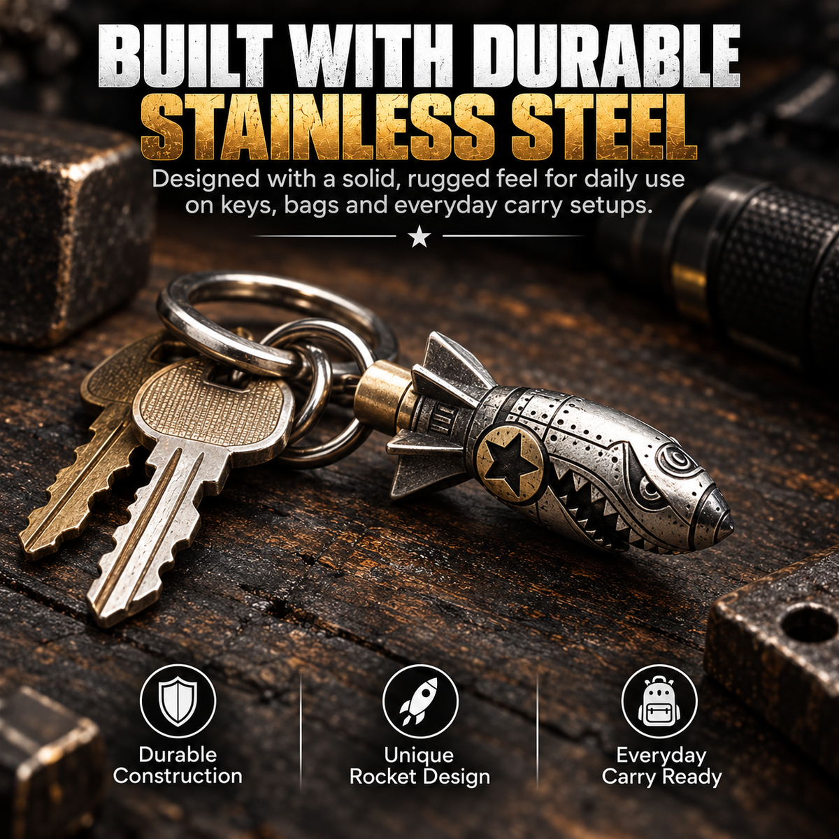 3D Stainless Steel Skull Keychain – Gothic Biker EDC Key Ring
