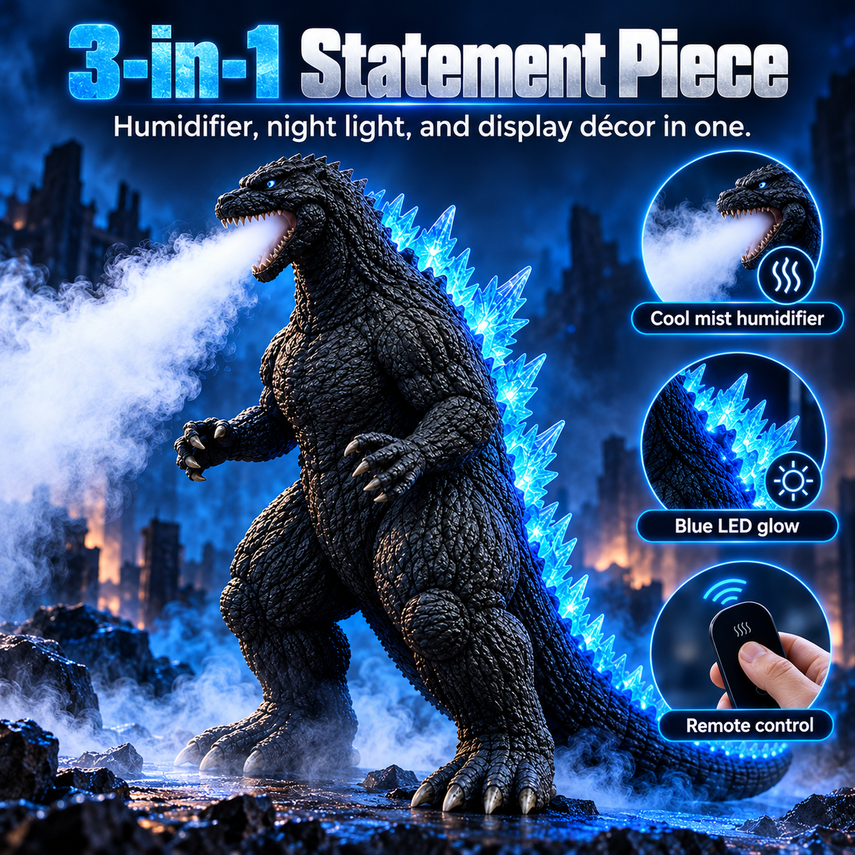 🌊👾 Kaiju Mist Diffuser & Humidifier – Cool Mist, Blue LED Glow & Remote Control 💙
