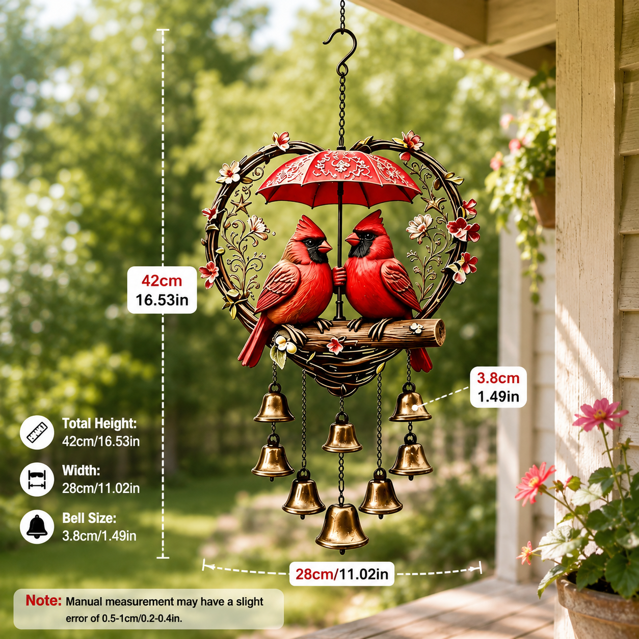 Heart-Shaped Couple Wind Chime – Cardinal & Honeybee Gnome Outdoor Hanging Decor