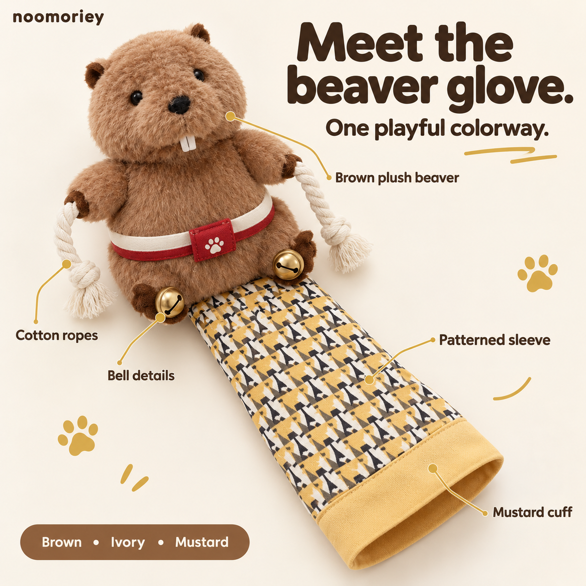 Interactive Beaver Cat Glove Toy – Plush Hand Puppet with Dangling Ropes & Jingle Bells 🐾