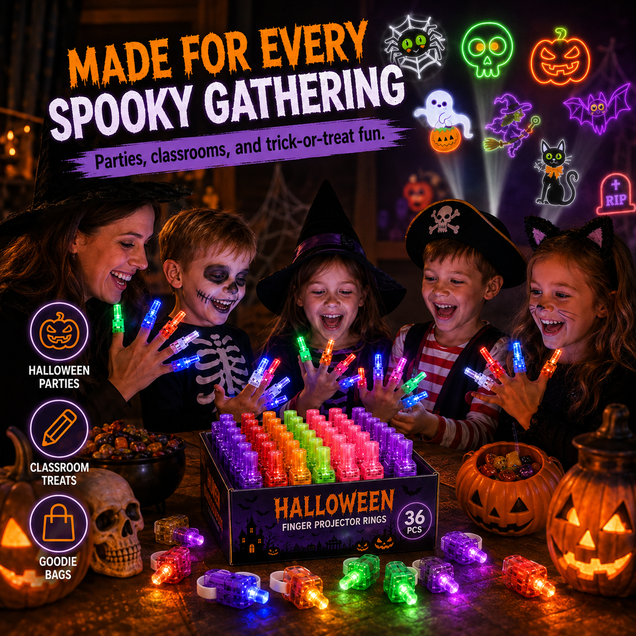 Halloween Finger Projector Rings โ 36 PCS LED Light-Up Party Favors | Family Fun, Friend Gatherings & Trick-or-Treat