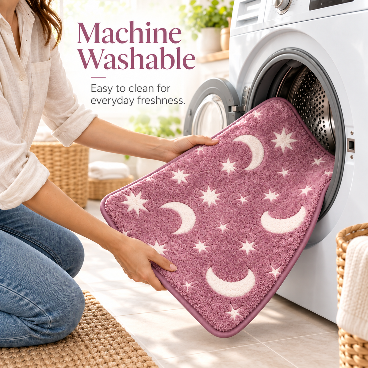🌙 Glow-in-the-Dark Moon & Star Bathroom Mat Set – 3 Piece Plush Set