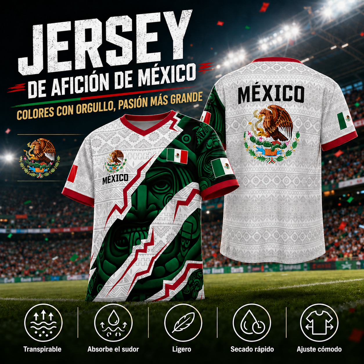 Camiseta de fútbol con cuello en V de la selección mexicana 2026, estilo para aficionados y jugadores. (Mismo tamaño y estilo para hombres y mujeres).