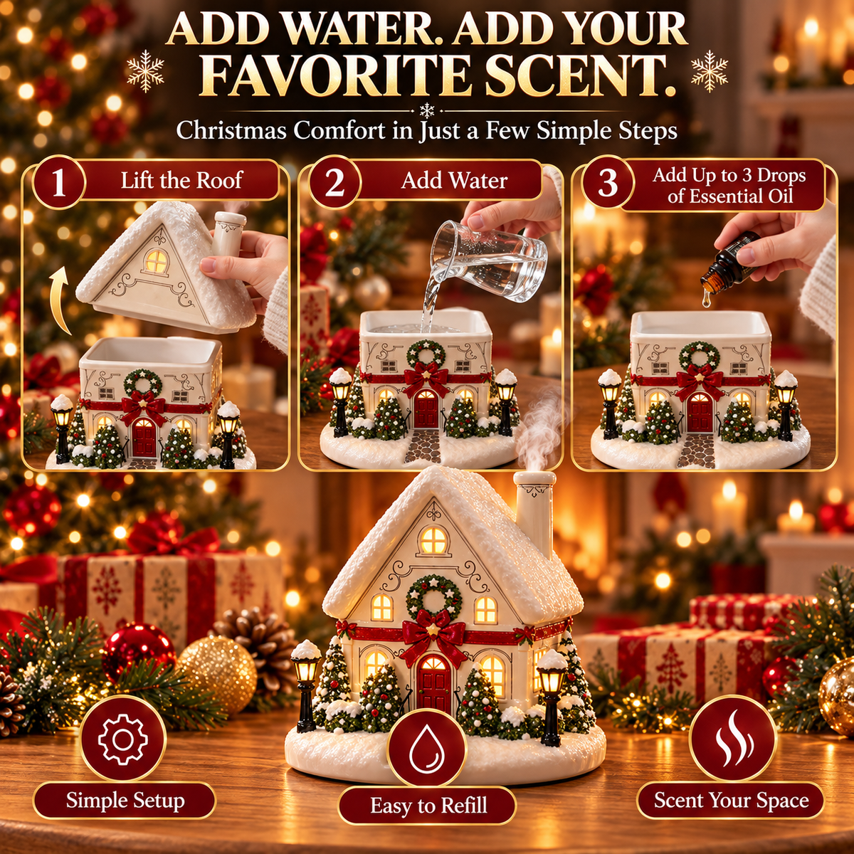 ๐ Christmas Village Aroma Diffuser โ Glowing Holiday House with Chimney Mist & Essential Oil Scent