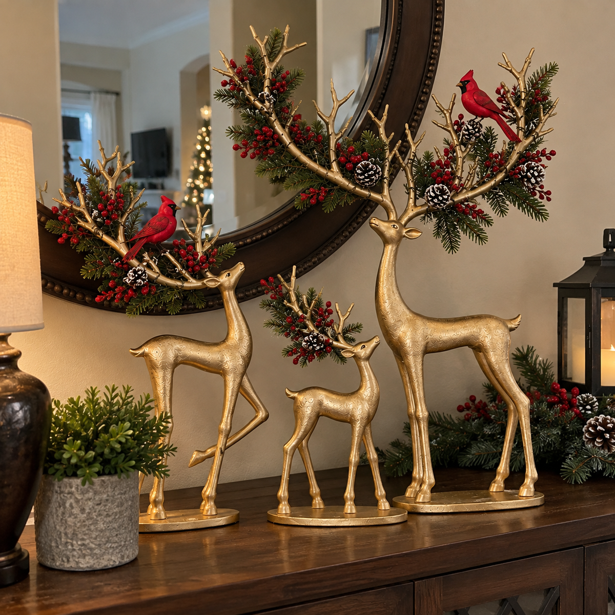 🦌❤️ Forest Cardinal Gold Reindeer — Illuminated Christmas Reindeer Decoration