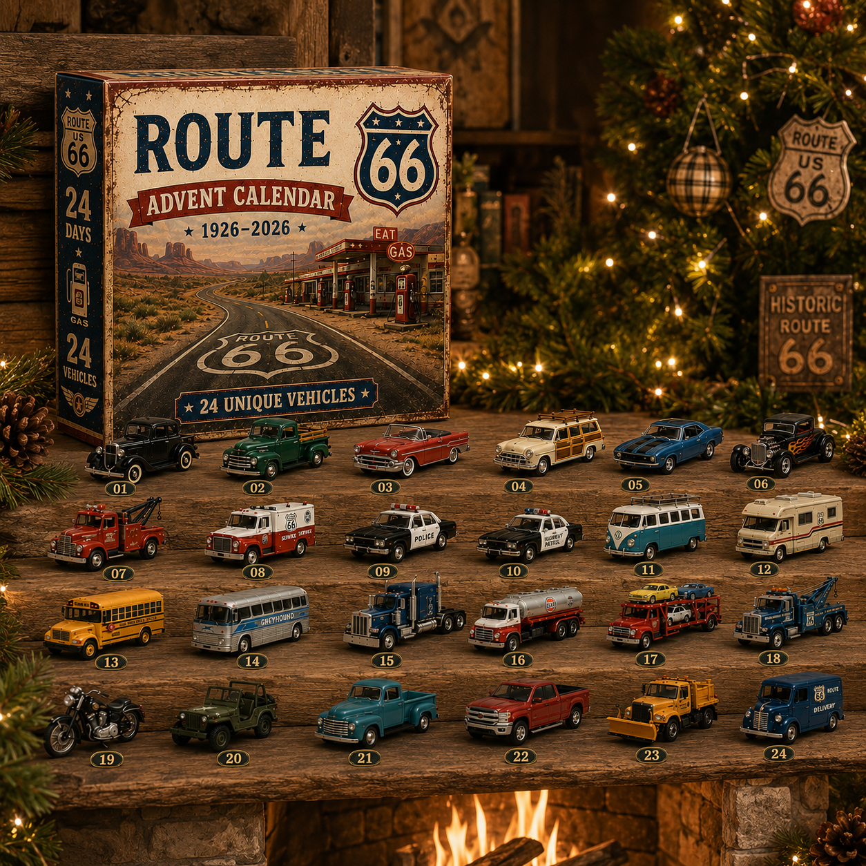 🚗Route 66 Centennial Advent Calendar – 24 Days of American Road Legends | 1926–2026 Collector’s Edition🎄