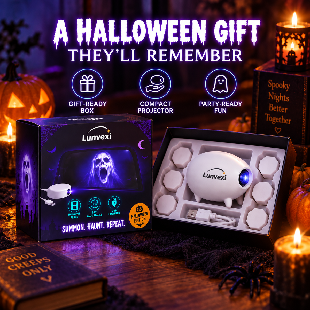 ๐ Halloween Window Projector ๐ป 16 Spooky Films USB Powered Holiday Decor