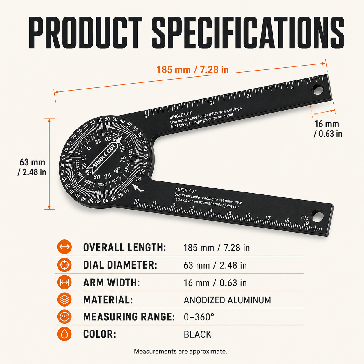 7.28" Aluminum 360° Miter Saw Protractor – Precision Angle Finder & Ruler for Woodworking, Crown Molding & Carpentry