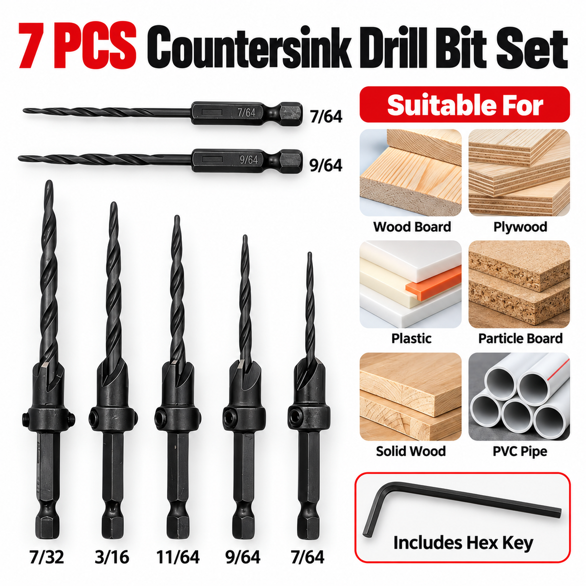 15-Piece Countersink Drill Bit Set – 1/4" Hex Shank, Depth Stop & Quick-Change Design
