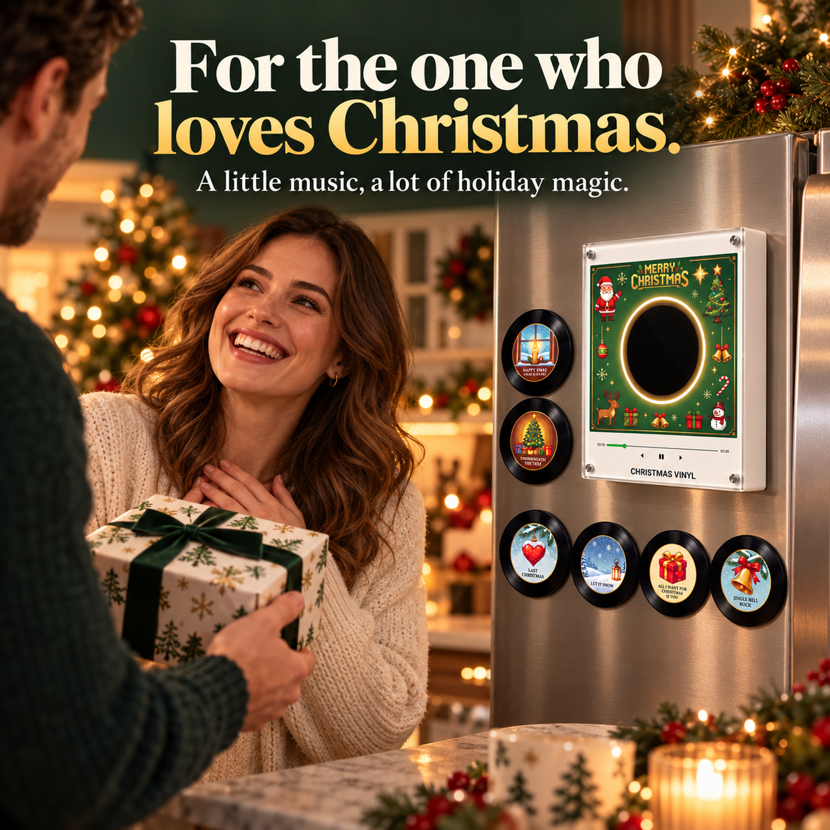 ๐ Christmas Mini Vinyl Music Player โ Magnetic Fridge Frame with 9 Records