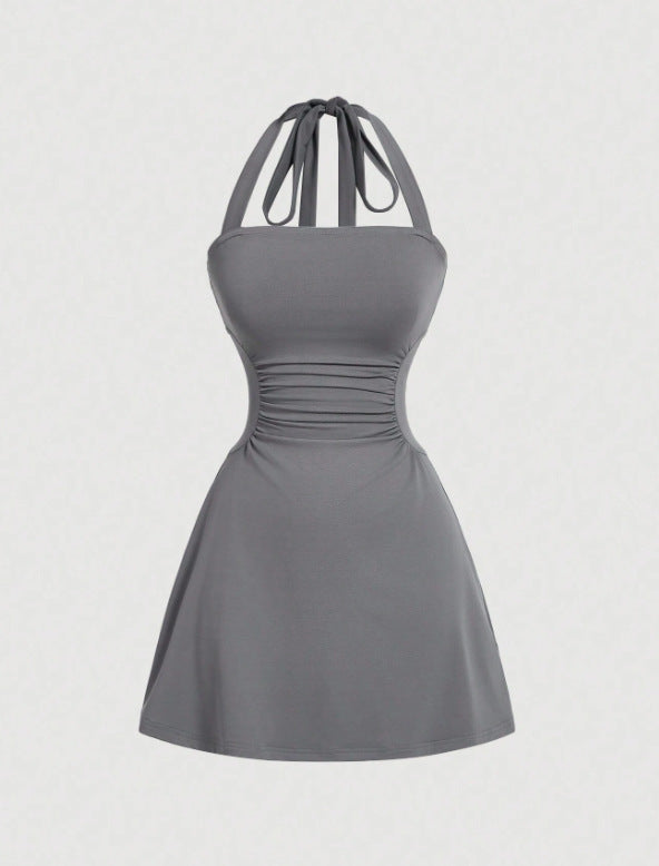 ๐Women's Plain Ruched Tie Back Halter Neck Dress
