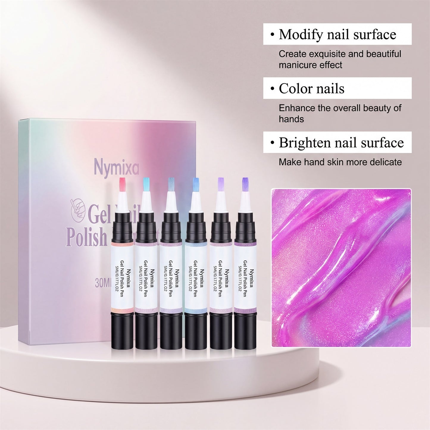 5-in-1 Gel Nail Polish Pen, Aurora Effect Gel Nail Pen with Base Color Top Coat in One, Easy Apply UV/LED Curing Nail Polish Pen