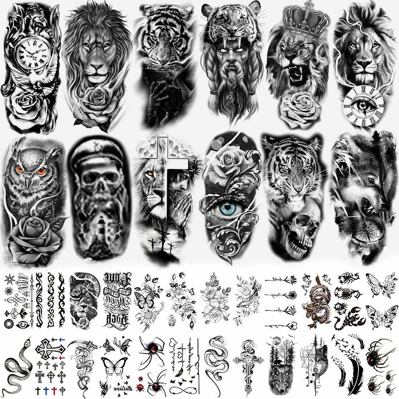 🖤 76 Sheets Large Black Temporary Tattoos – Tribal Wolves, Tigers, Lions, Snakes & Skulls