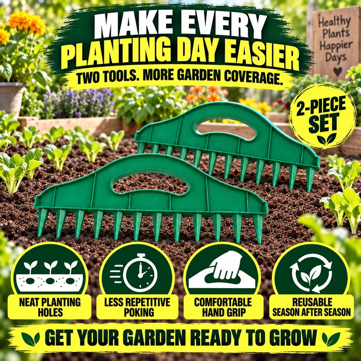 🌱 2-Pack Garden Seed Spacing Tool – Multi-Row Soil Dibbler & Furrow Maker