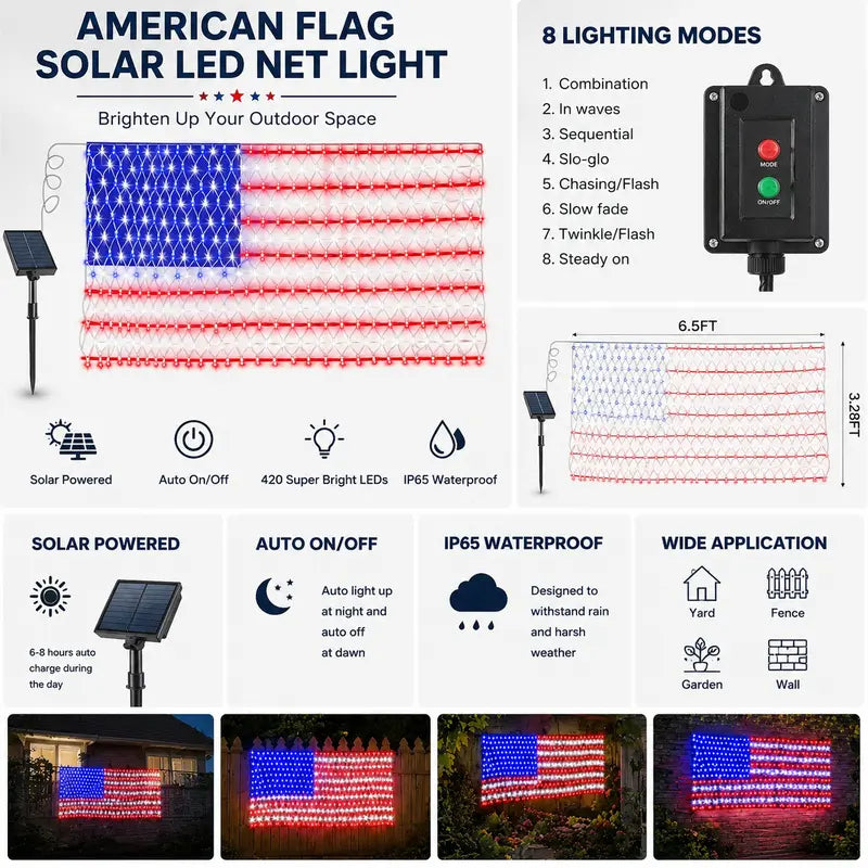 ๐บ๐ธ๐Solar American Flag Lights Outdoor American Flag Net Lights 6.5ft x 3.28ft Super Bright