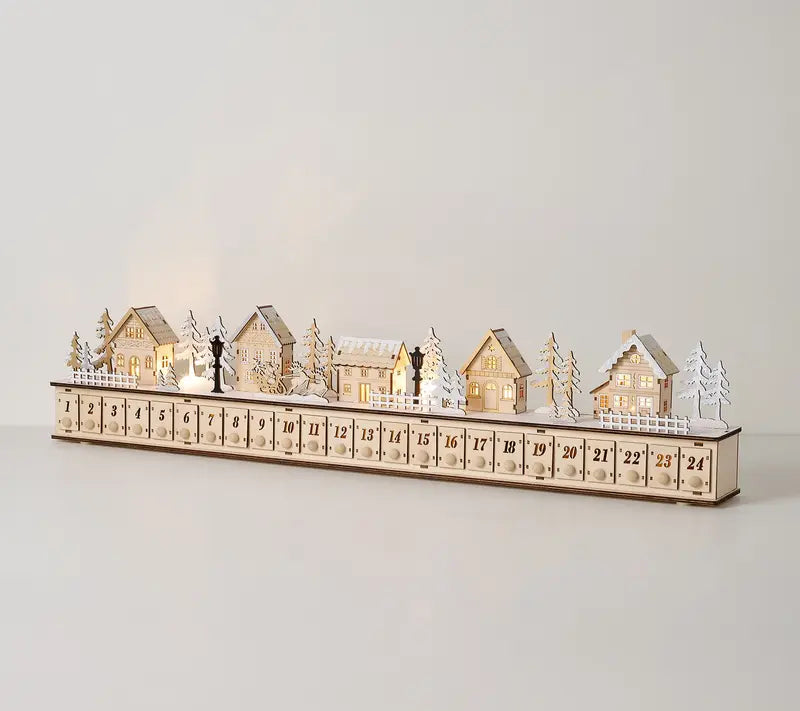 Premium Wooden Village Advent Calendar with LED Glowing Lights, 24 Storage Drawers Reusable Christmas Countdown Decor, Festive Wooden Town House Holiday Gift for Home & Kids