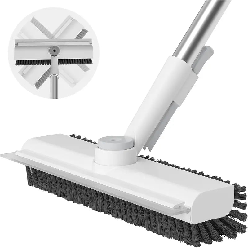 3-in-1 Floor Scrub Bathtub Brush with Long Handle, Double-Sided, Heavy-Duty Stiff Bristles & Squeegee