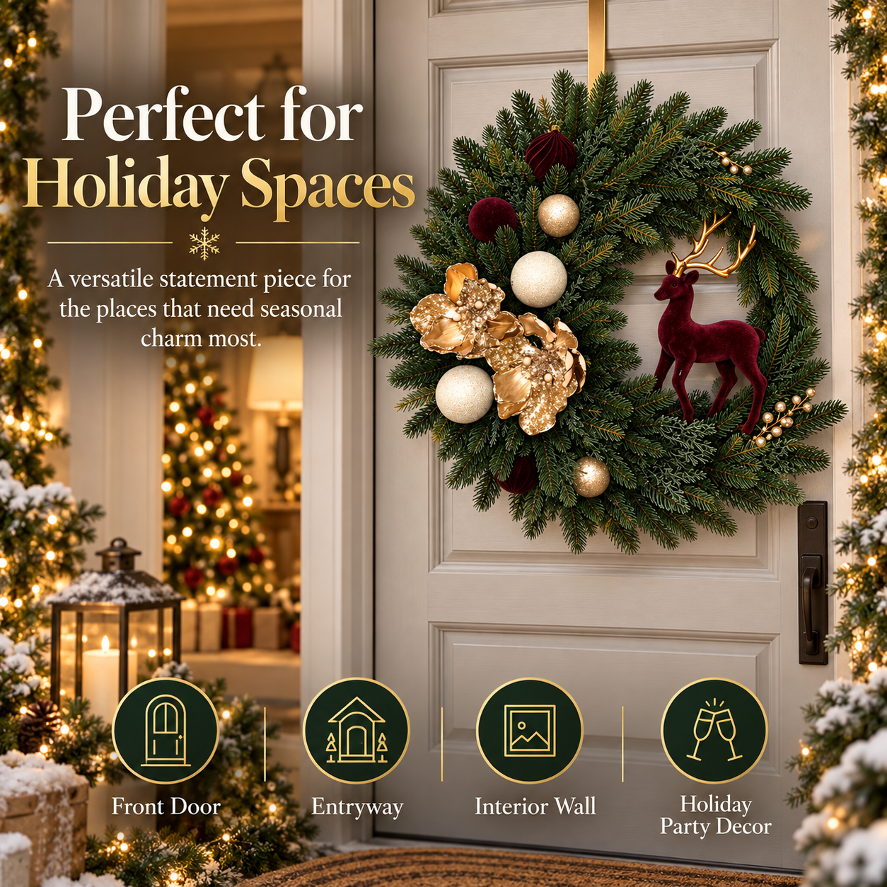 ๐ Luxury Burgundy Reindeer Christmas Wreath โ Elegant Champagne Gold Front Door Holiday Decor ๐ฆโจ