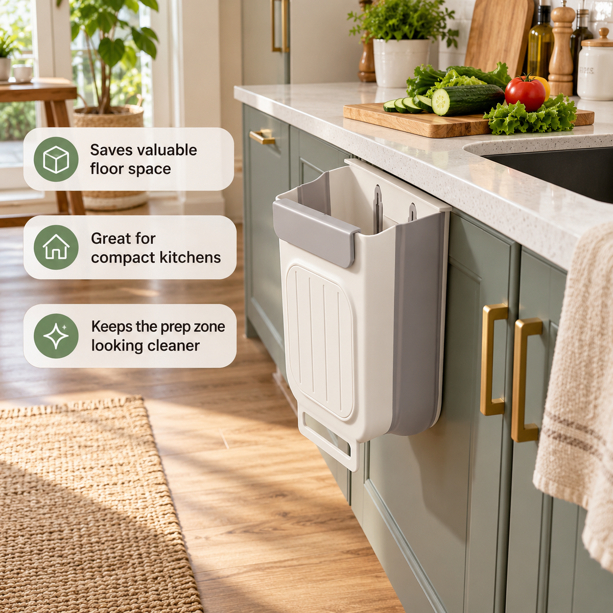 ๐๏ธ Hanging Kitchen Scrap Bin โ Space-Saving Cabinet Door Trash Can for Easy Food Prep Cleanup
