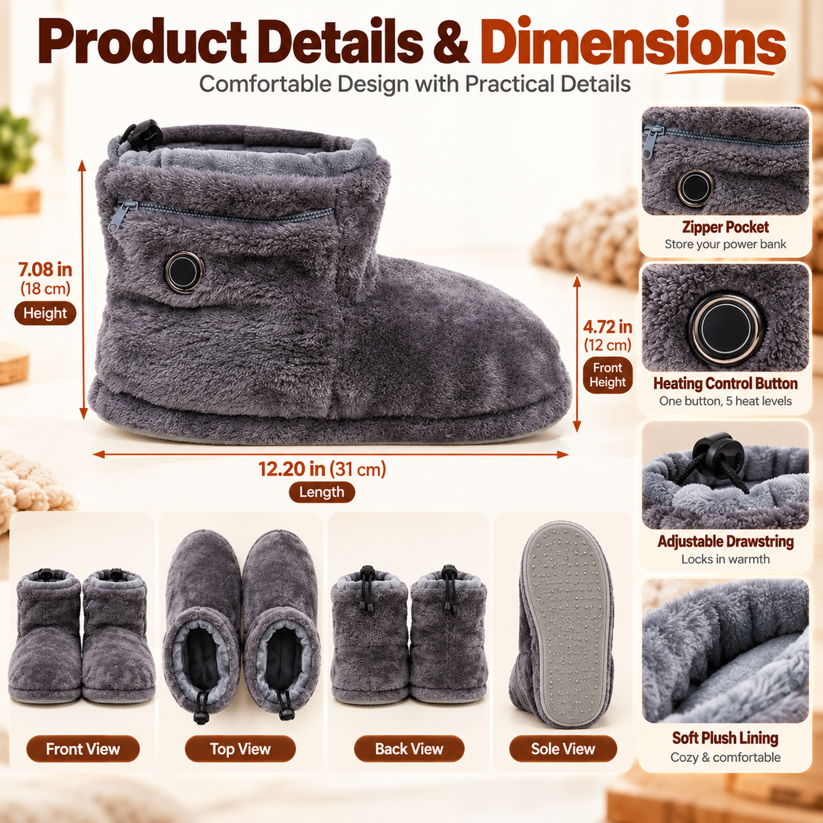 ๐ฅ Heated Plush Slipper Boots โ Cozy Warm Indoor Winter Slippers
