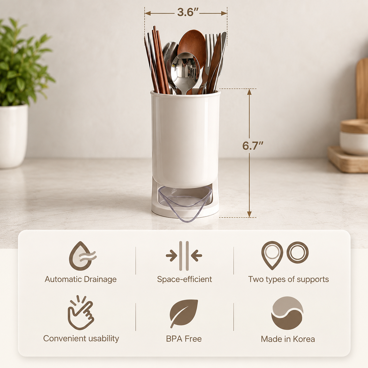 fluidic Utensil Holder - Elegant Cream Beige Color, Hygienic Kitchen Organization with Efficient Drainage System