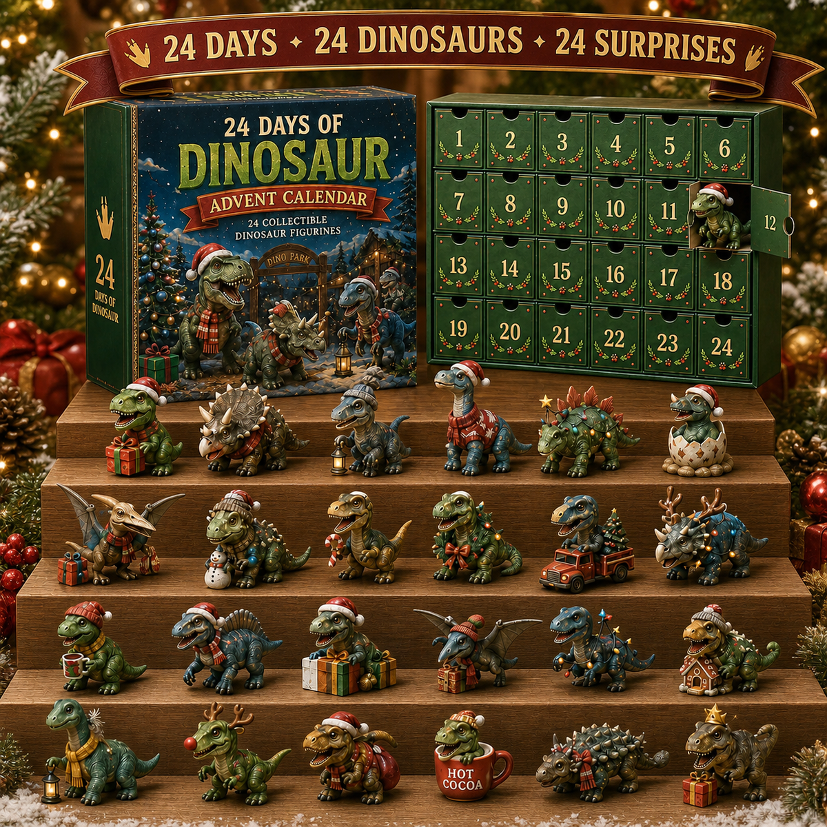 24 Days of Dinosaur Christmas Advent Calendar โ 24 Collectible Dino Figurines & Holiday Surprises