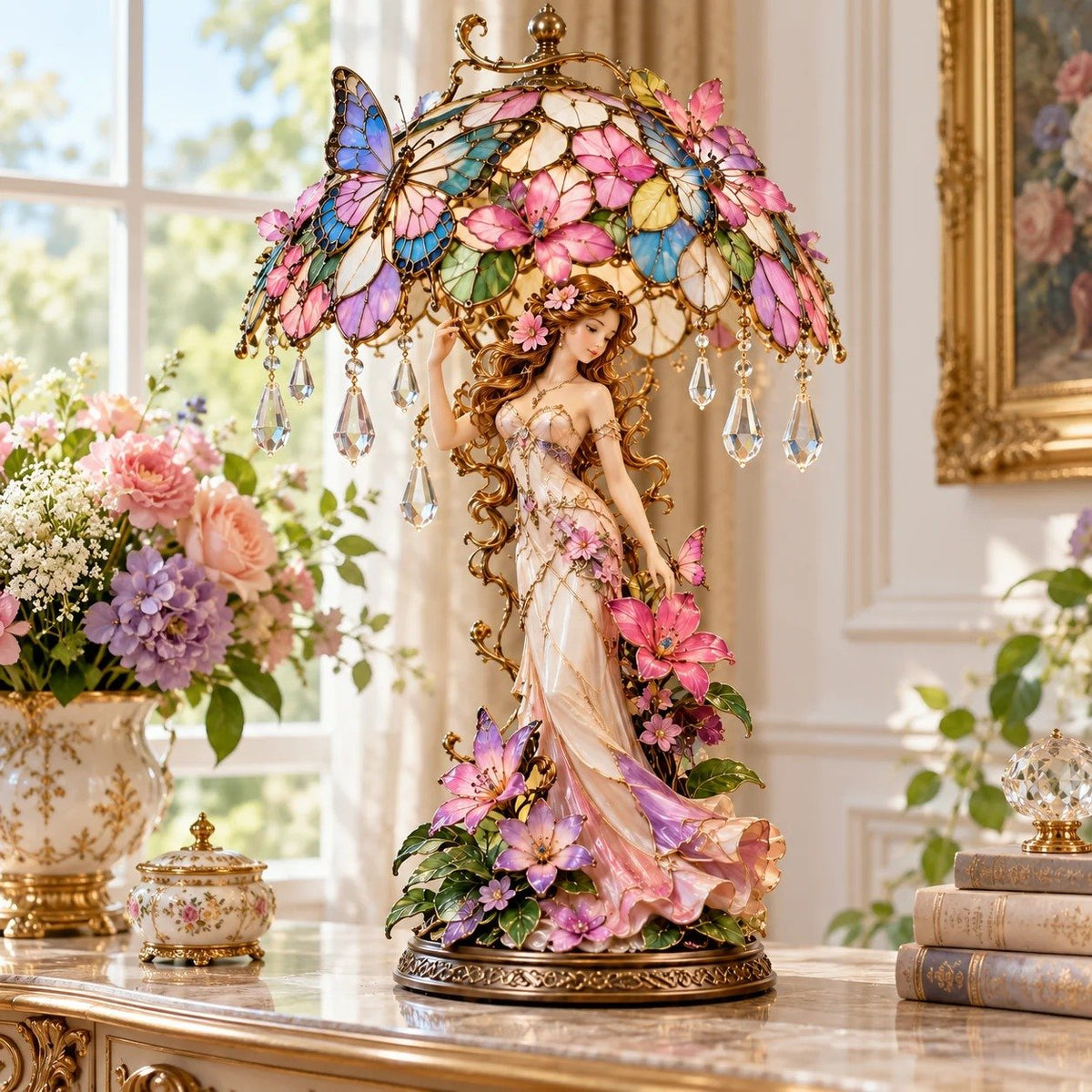 „Enchanted ButterflyGarden Lady“-Lampe – beleuchtete Blumenskulptur